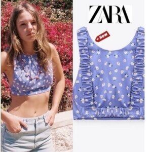NWT ZARA COTTAGE CORE PERIWINKLE DAISY PRINT Open Back Crop Top Sz Small